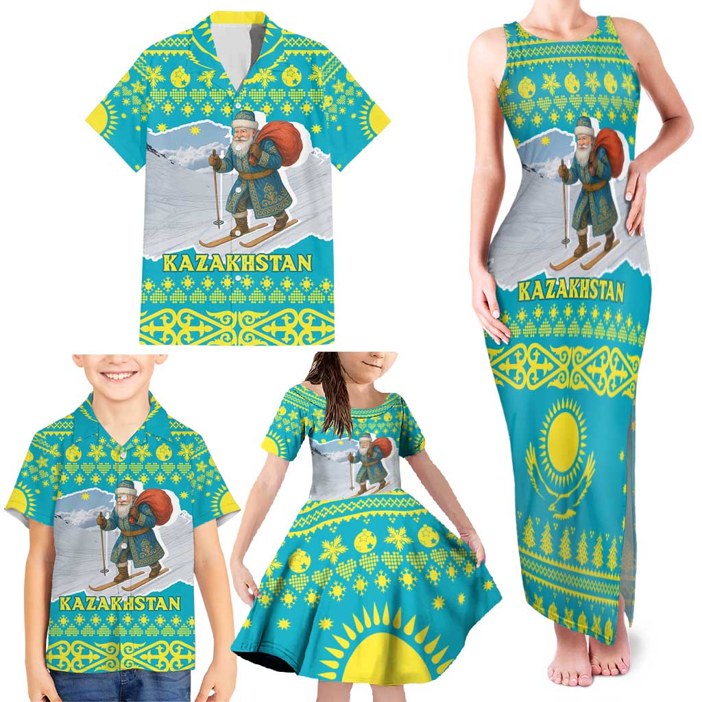 Kazakhstan Christmas Family Matching Tank Maxi Dress and Hawaiian Shirt with Santa Skiing in Traditional Outfit Snow Mountain and Sun Pattern - Wonder Print Shop
