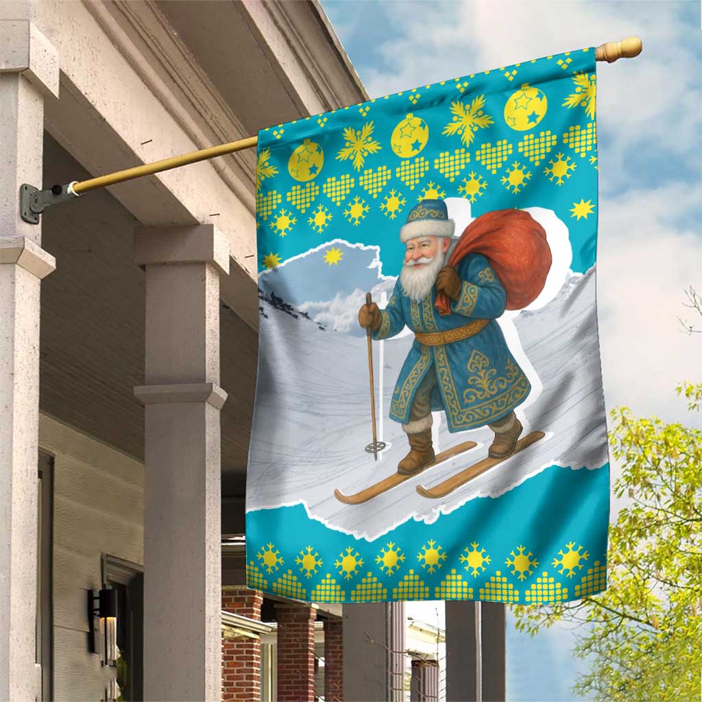 Kazakhstan Christmas Garden Flag with Santa Skiing in Traditional Outfit Snow Mountain and Sun Pattern - Wonder Print Shop