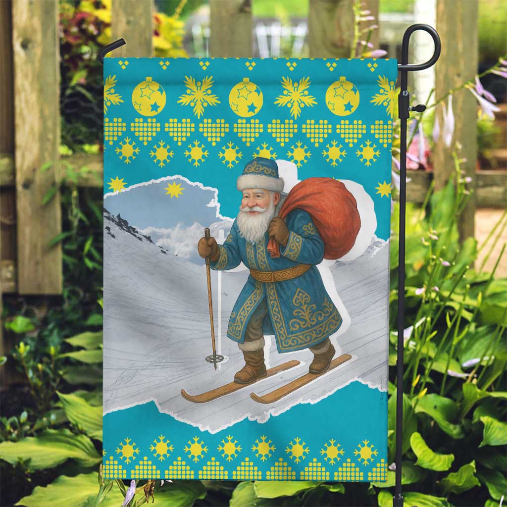 Kazakhstan Christmas Garden Flag with Santa Skiing in Traditional Outfit Snow Mountain and Sun Pattern - Wonder Print Shop
