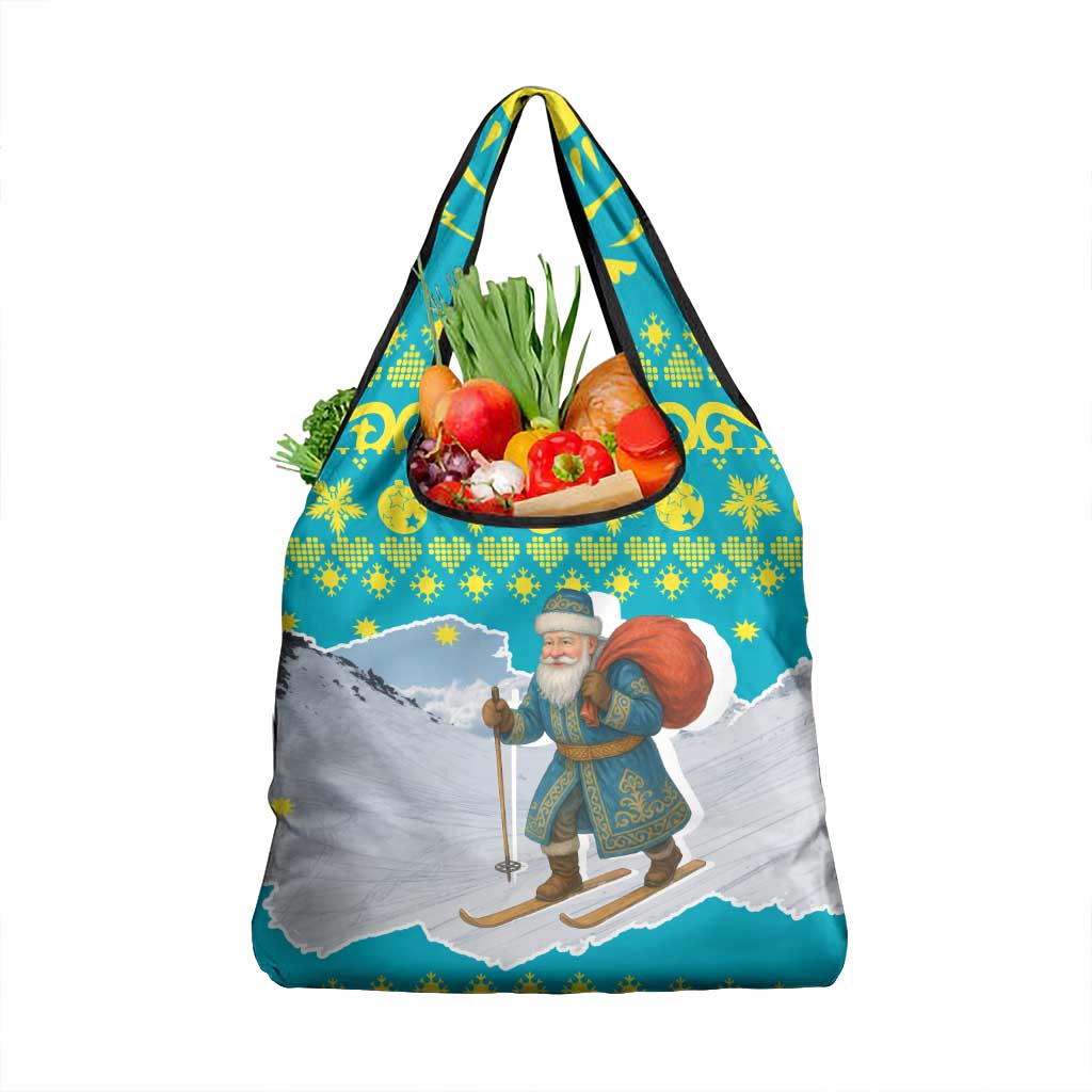 Kazakhstan Christmas Grocery Bag with Santa Skiing in Traditional Outfit Snow Mountain and Sun Pattern - Wonder Print Shop