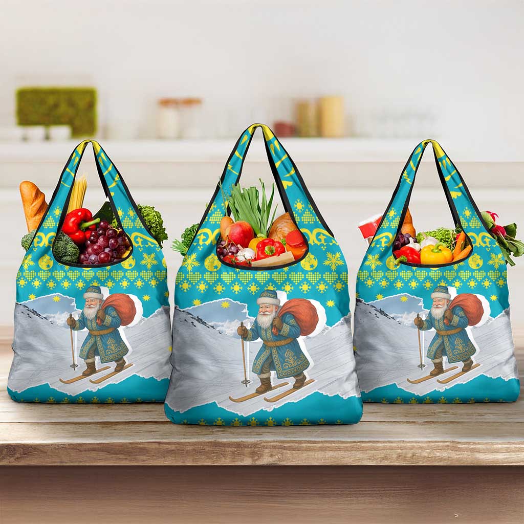 Kazakhstan Christmas Grocery Bag with Santa Skiing in Traditional Outfit Snow Mountain and Sun Pattern - Wonder Print Shop