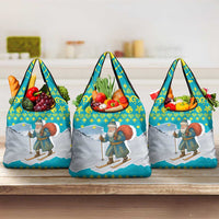 Kazakhstan Christmas Grocery Bag with Santa Skiing in Traditional Outfit Snow Mountain and Sun Pattern - Wonder Print Shop