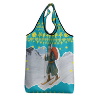 Kazakhstan Christmas Grocery Bag with Santa Skiing in Traditional Outfit Snow Mountain and Sun Pattern - Wonder Print Shop