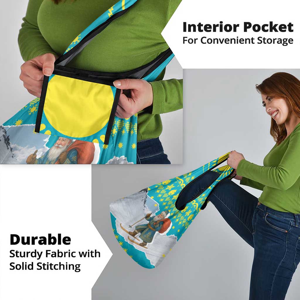 Kazakhstan Christmas Grocery Bag with Santa Skiing in Traditional Outfit Snow Mountain and Sun Pattern - Wonder Print Shop