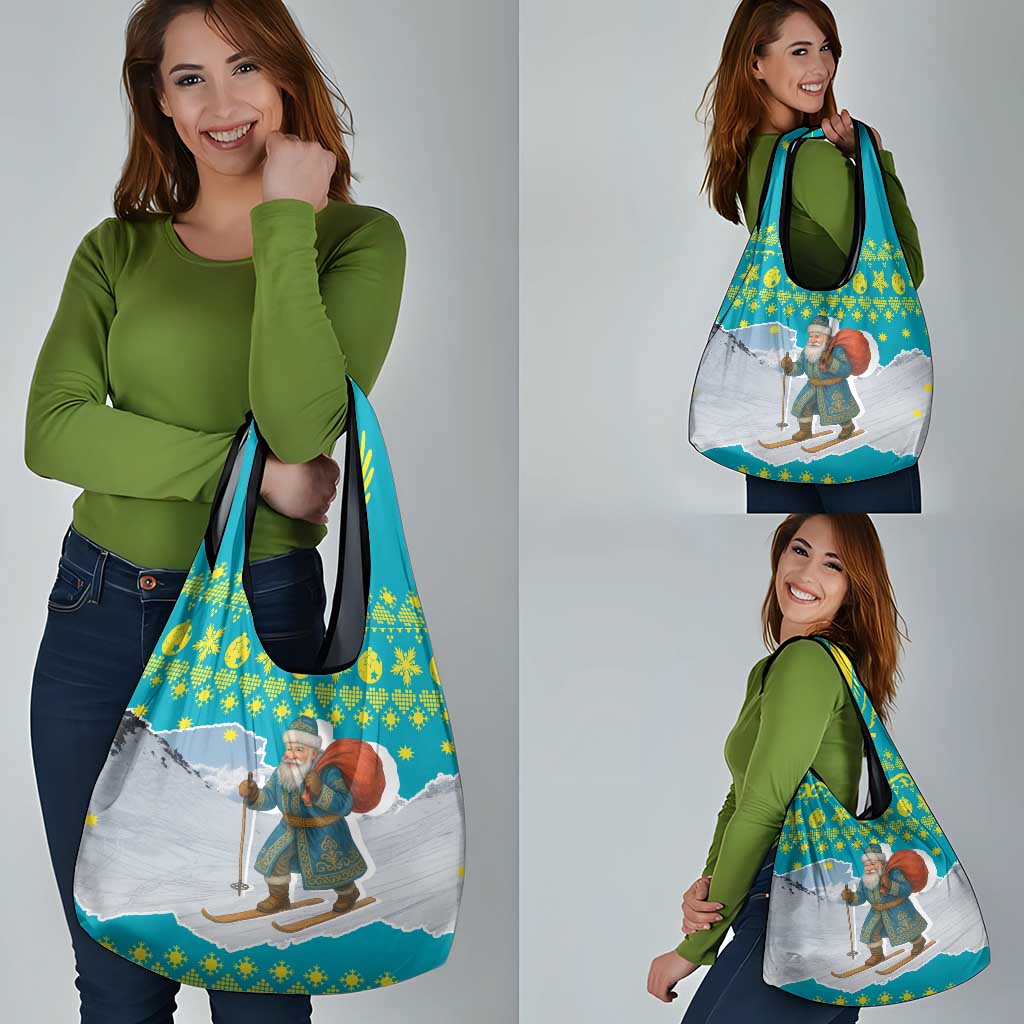 Kazakhstan Christmas Grocery Bag with Santa Skiing in Traditional Outfit Snow Mountain and Sun Pattern - Wonder Print Shop