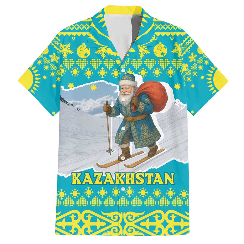 Kazakhstan Christmas Hawaiian Shirt with Santa Skiing in Traditional Outfit Snow Mountain and Sun Pattern - Wonder Print Shop