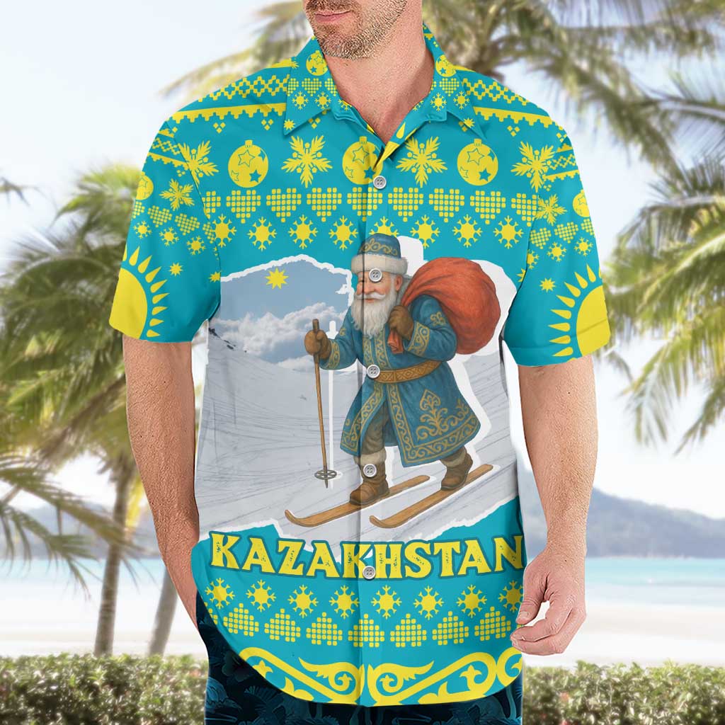 Kazakhstan Christmas Hawaiian Shirt with Santa Skiing in Traditional Outfit Snow Mountain and Sun Pattern - Wonder Print Shop