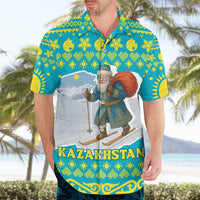 Kazakhstan Christmas Hawaiian Shirt with Santa Skiing in Traditional Outfit Snow Mountain and Sun Pattern - Wonder Print Shop