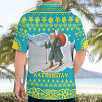 Kazakhstan Christmas Hawaiian Shirt with Santa Skiing in Traditional Outfit Snow Mountain and Sun Pattern - Wonder Print Shop