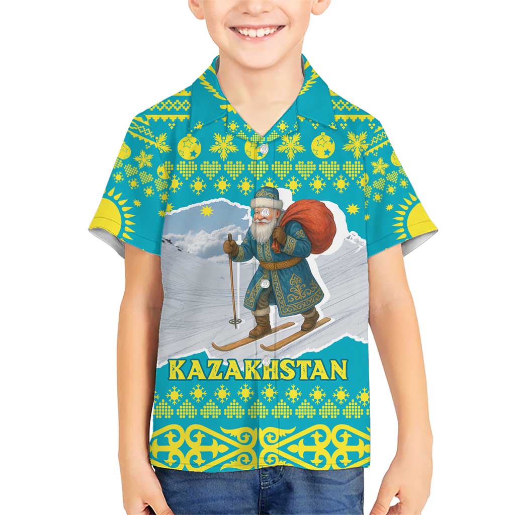 Kazakhstan Christmas Hawaiian Shirt with Santa Skiing in Traditional Outfit Snow Mountain and Sun Pattern - Wonder Print Shop