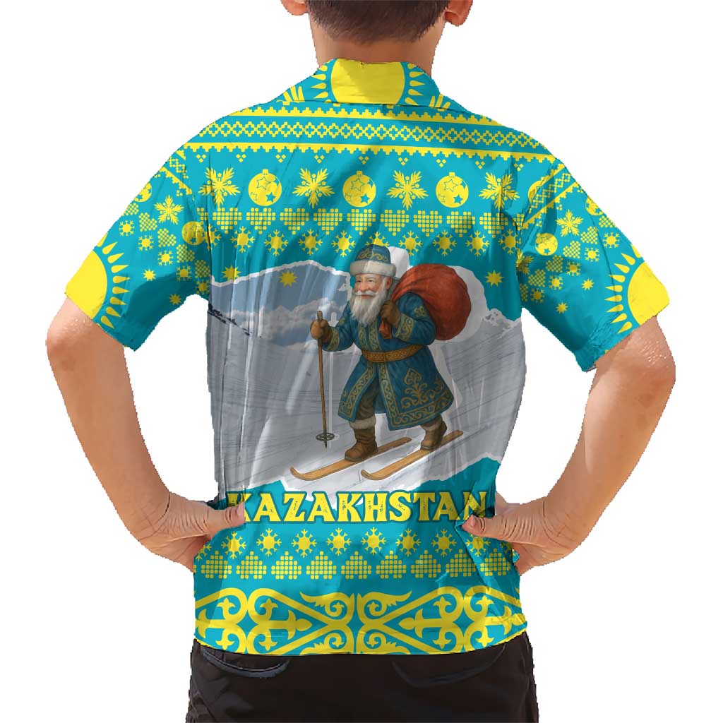 Kazakhstan Christmas Hawaiian Shirt with Santa Skiing in Traditional Outfit Snow Mountain and Sun Pattern - Wonder Print Shop