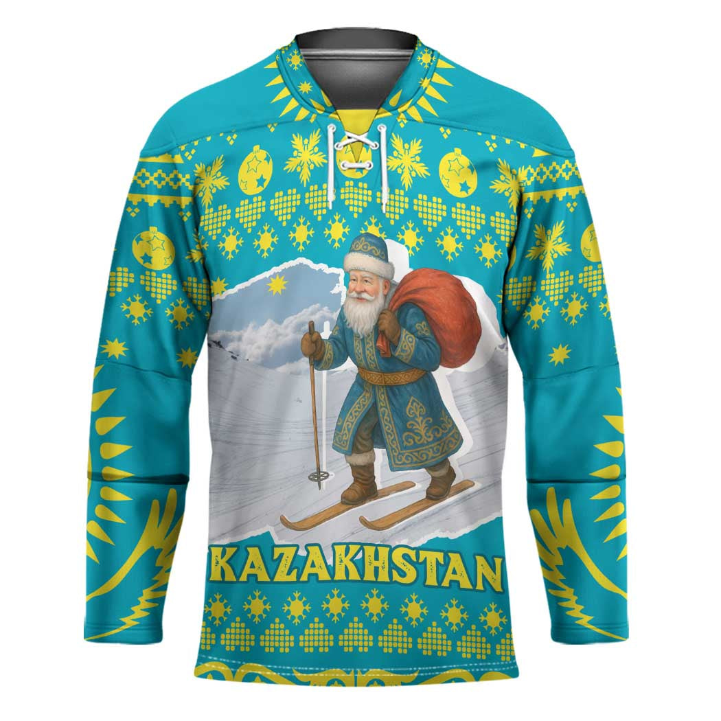 Kazakhstan Christmas Hockey Jersey with Santa Skiing in Traditional Outfit Snow Mountain and Sun Pattern - Wonder Print Shop