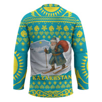 Kazakhstan Christmas Hockey Jersey with Santa Skiing in Traditional Outfit Snow Mountain and Sun Pattern - Wonder Print Shop