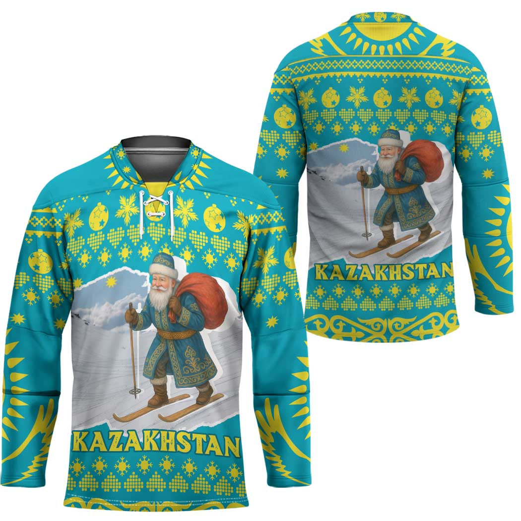 Kazakhstan Christmas Hockey Jersey with Santa Skiing in Traditional Outfit Snow Mountain and Sun Pattern - Wonder Print Shop
