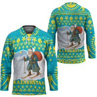 Kazakhstan Christmas Hockey Jersey with Santa Skiing in Traditional Outfit Snow Mountain and Sun Pattern - Wonder Print Shop
