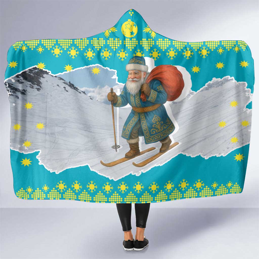 Kazakhstan Christmas Hooded Blanket with Santa Skiing in Traditional Outfit Snow Mountain and Sun Pattern - Wonder Print Shop