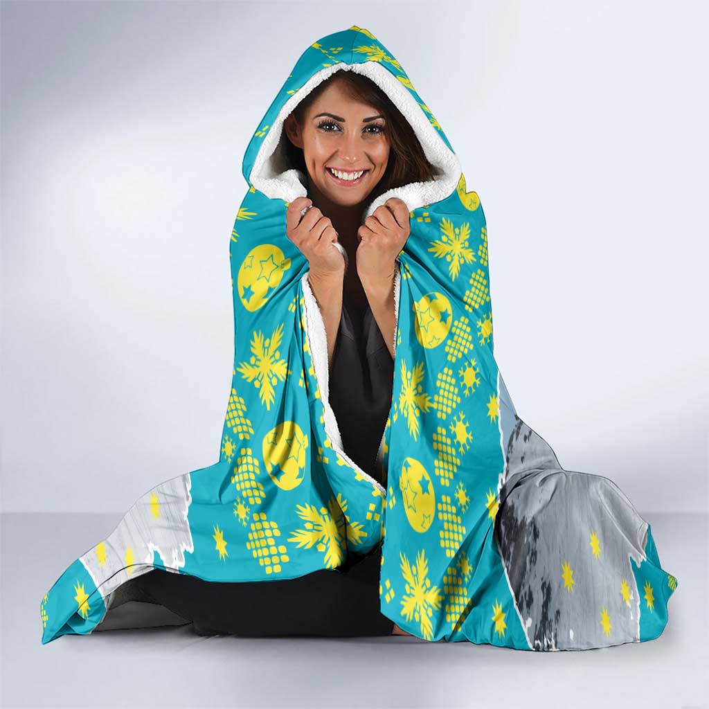 Kazakhstan Christmas Hooded Blanket with Santa Skiing in Traditional Outfit Snow Mountain and Sun Pattern - Wonder Print Shop
