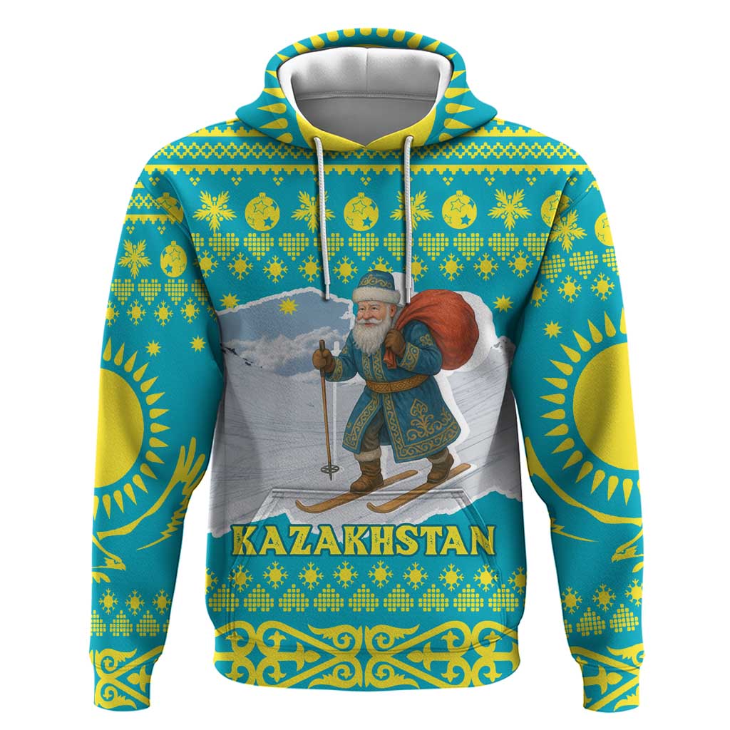 Kazakhstan Christmas Hoodie with Santa Skiing in Traditional Outfit Snow Mountain and Sun Pattern - Wonder Print Shop