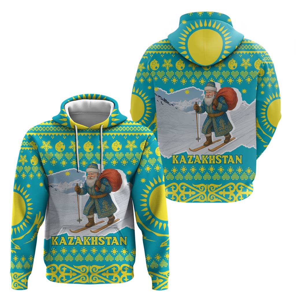 Kazakhstan Christmas Hoodie with Santa Skiing in Traditional Outfit Snow Mountain and Sun Pattern - Wonder Print Shop