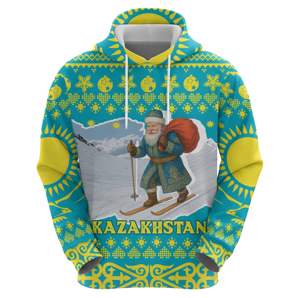 Kazakhstan Christmas Hoodie with Santa Skiing in Traditional Outfit Snow Mountain and Sun Pattern - Wonder Print Shop