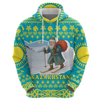 Kazakhstan Christmas Hoodie with Santa Skiing in Traditional Outfit Snow Mountain and Sun Pattern - Wonder Print Shop