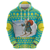 Kazakhstan Christmas Hoodie with Santa Skiing in Traditional Outfit Snow Mountain and Sun Pattern - Wonder Print Shop