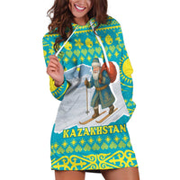 Kazakhstan Christmas Hoodie Dress with Santa Skiing in Traditional Outfit Snow Mountain and Sun Pattern - Wonder Print Shop