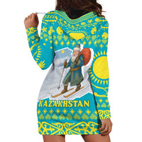 Kazakhstan Christmas Hoodie Dress with Santa Skiing in Traditional Outfit Snow Mountain and Sun Pattern - Wonder Print Shop