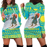 Kazakhstan Christmas Hoodie Dress with Santa Skiing in Traditional Outfit Snow Mountain and Sun Pattern - Wonder Print Shop