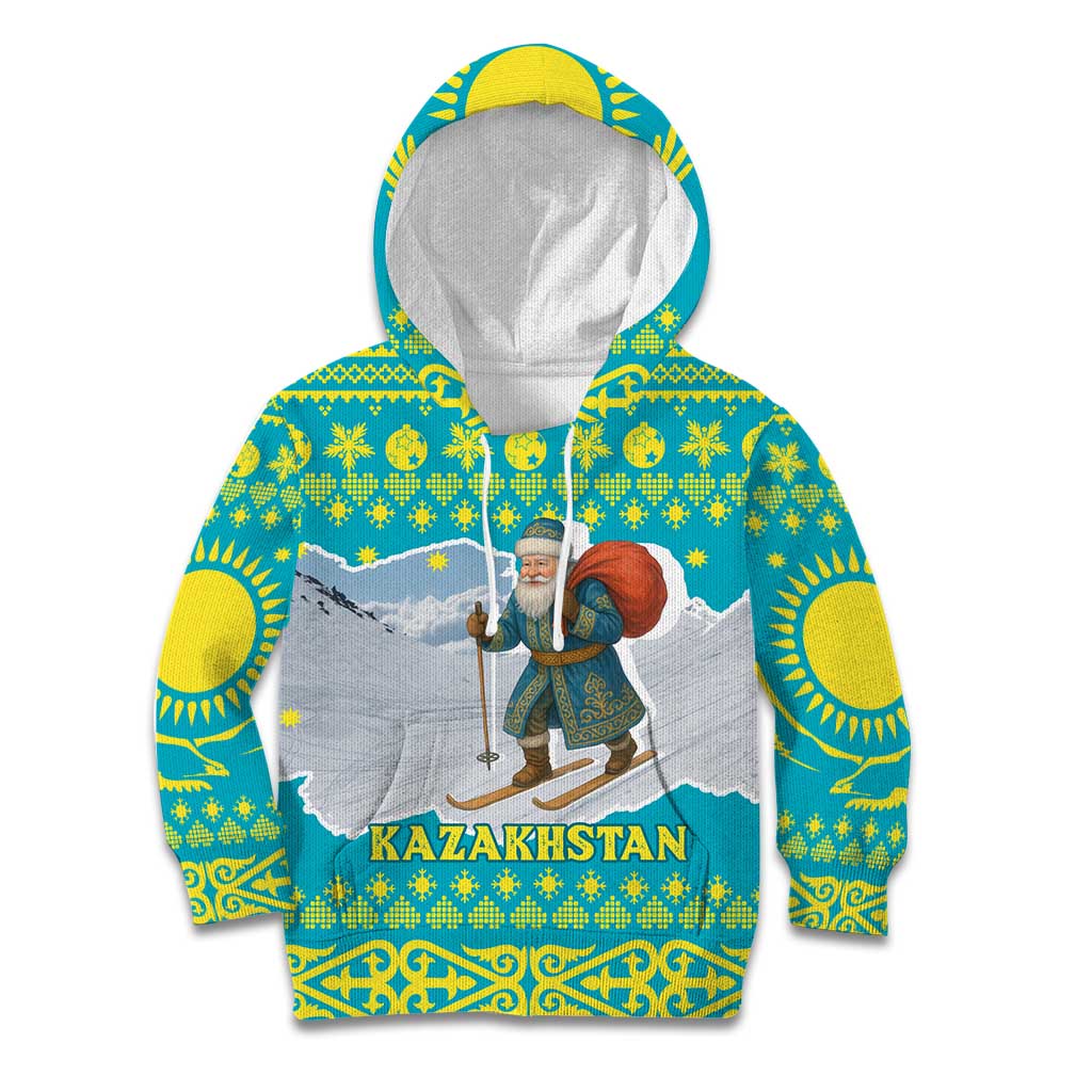 Kazakhstan Christmas Kid Hoodie with Santa Skiing in Traditional Outfit Snow Mountain and Sun Pattern - Wonder Print Shop