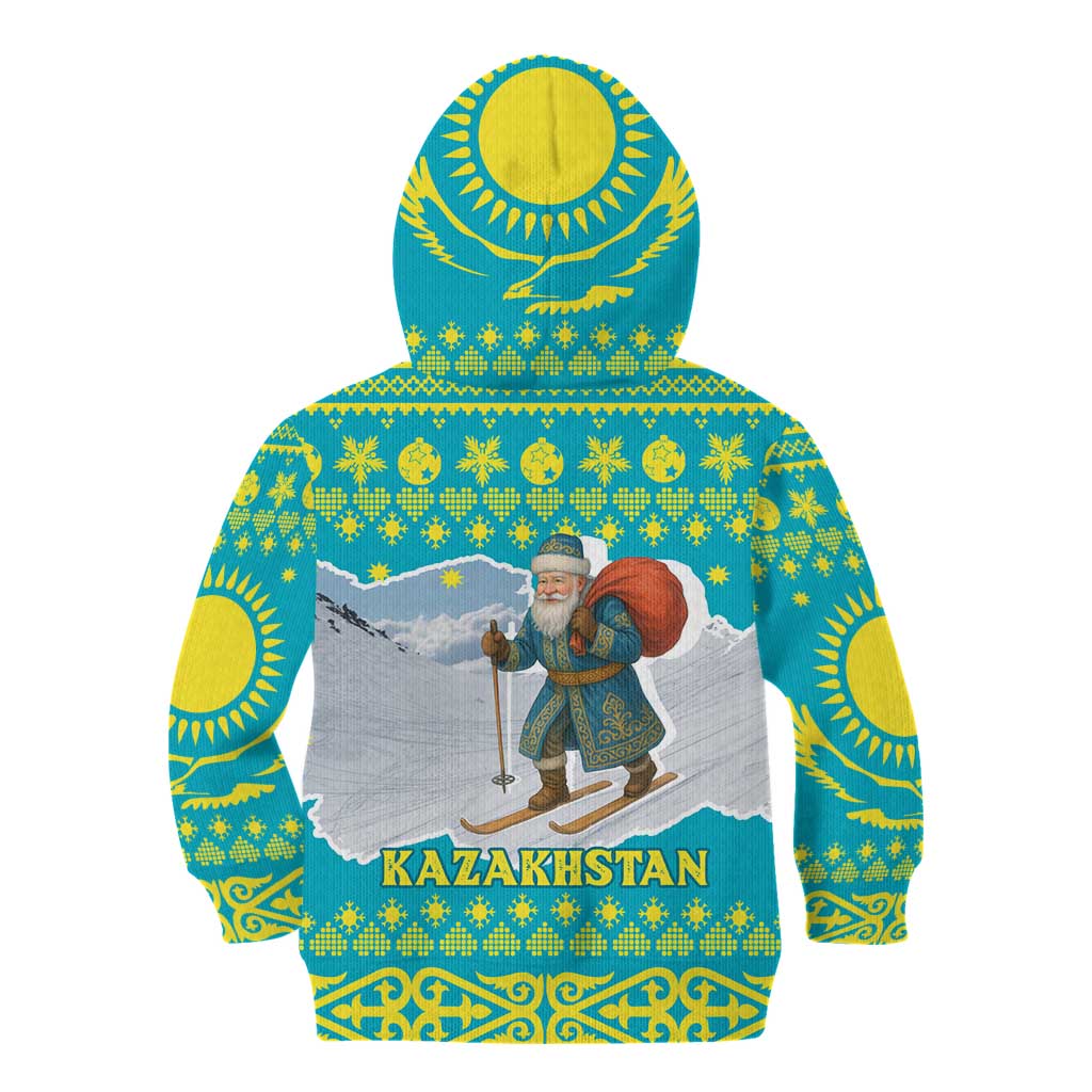Kazakhstan Christmas Kid Hoodie with Santa Skiing in Traditional Outfit Snow Mountain and Sun Pattern - Wonder Print Shop