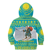 Kazakhstan Christmas Kid Hoodie with Santa Skiing in Traditional Outfit Snow Mountain and Sun Pattern - Wonder Print Shop