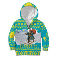 Kazakhstan Christmas Kid Hoodie with Santa Skiing in Traditional Outfit Snow Mountain and Sun Pattern - Wonder Print Shop