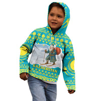 Kazakhstan Christmas Kid Hoodie with Santa Skiing in Traditional Outfit Snow Mountain and Sun Pattern - Wonder Print Shop