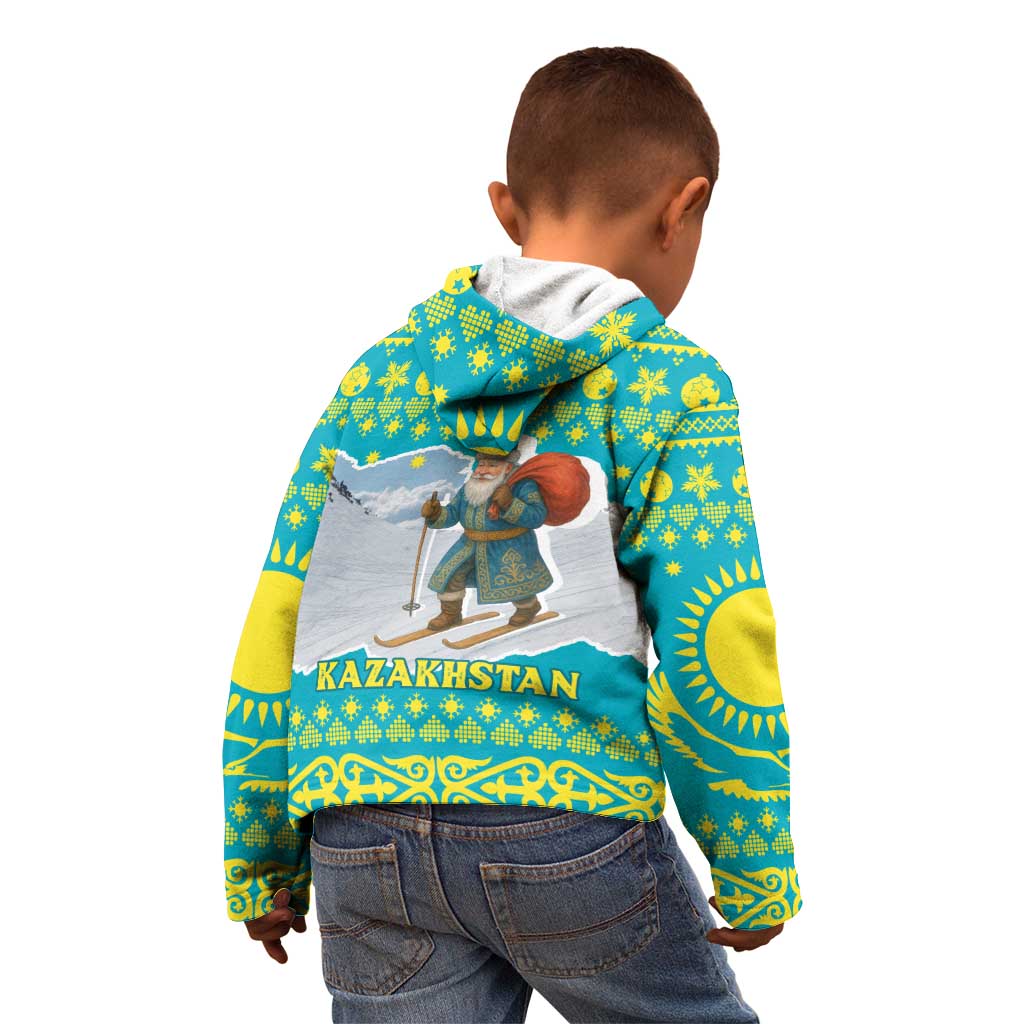 Kazakhstan Christmas Kid Hoodie with Santa Skiing in Traditional Outfit Snow Mountain and Sun Pattern - Wonder Print Shop