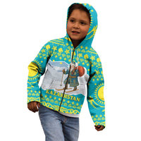 Kazakhstan Christmas Kid Hoodie with Santa Skiing in Traditional Outfit Snow Mountain and Sun Pattern - Wonder Print Shop
