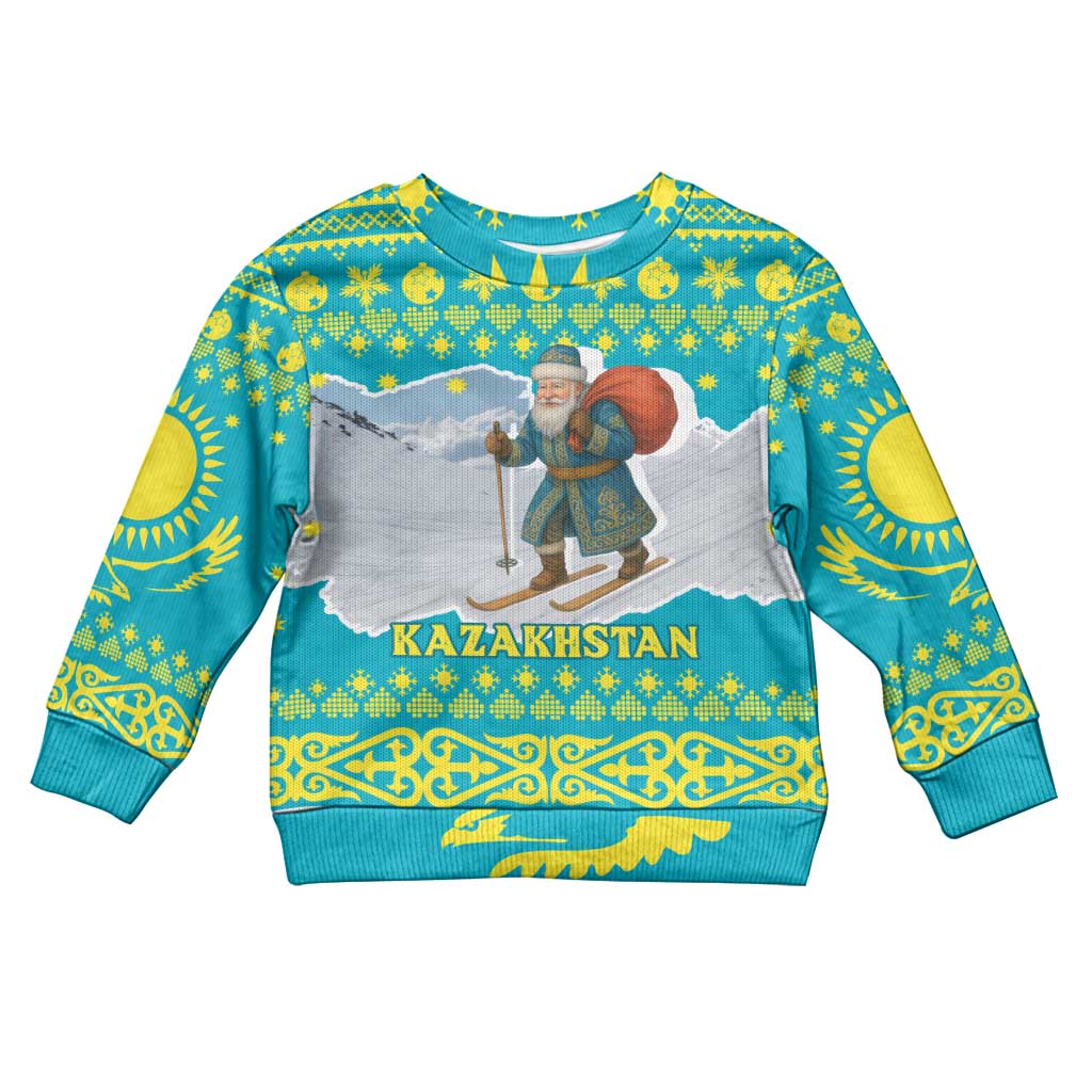 Kazakhstan Christmas Kid Ugly Christmas Sweater with Santa Skiing in Traditional Outfit Snow Mountain and Sun Pattern - Wonder Print Shop