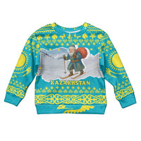 Kazakhstan Christmas Kid Ugly Christmas Sweater with Santa Skiing in Traditional Outfit Snow Mountain and Sun Pattern - Wonder Print Shop