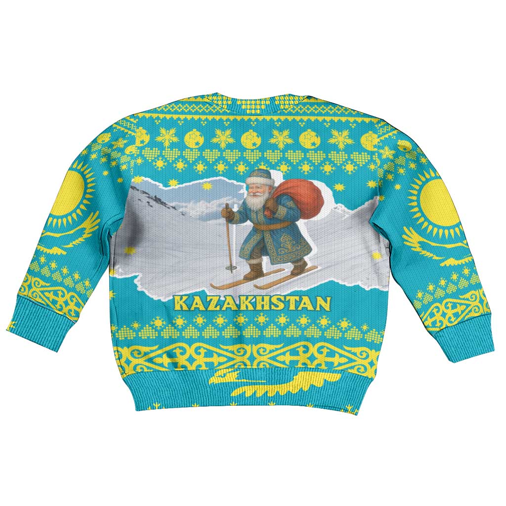 Kazakhstan Christmas Kid Ugly Christmas Sweater with Santa Skiing in Traditional Outfit Snow Mountain and Sun Pattern - Wonder Print Shop