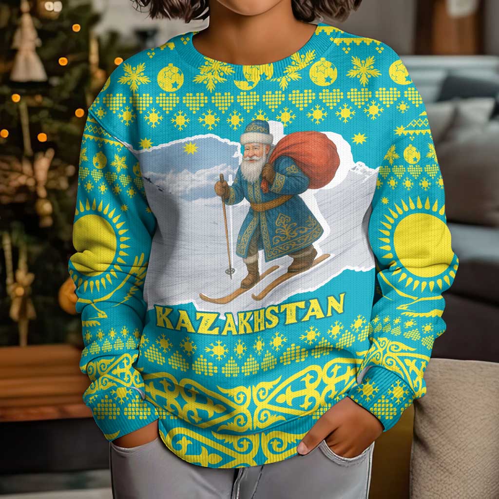 Kazakhstan Christmas Kid Ugly Christmas Sweater with Santa Skiing in Traditional Outfit Snow Mountain and Sun Pattern - Wonder Print Shop