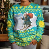Kazakhstan Christmas Kid Ugly Christmas Sweater with Santa Skiing in Traditional Outfit Snow Mountain and Sun Pattern - Wonder Print Shop