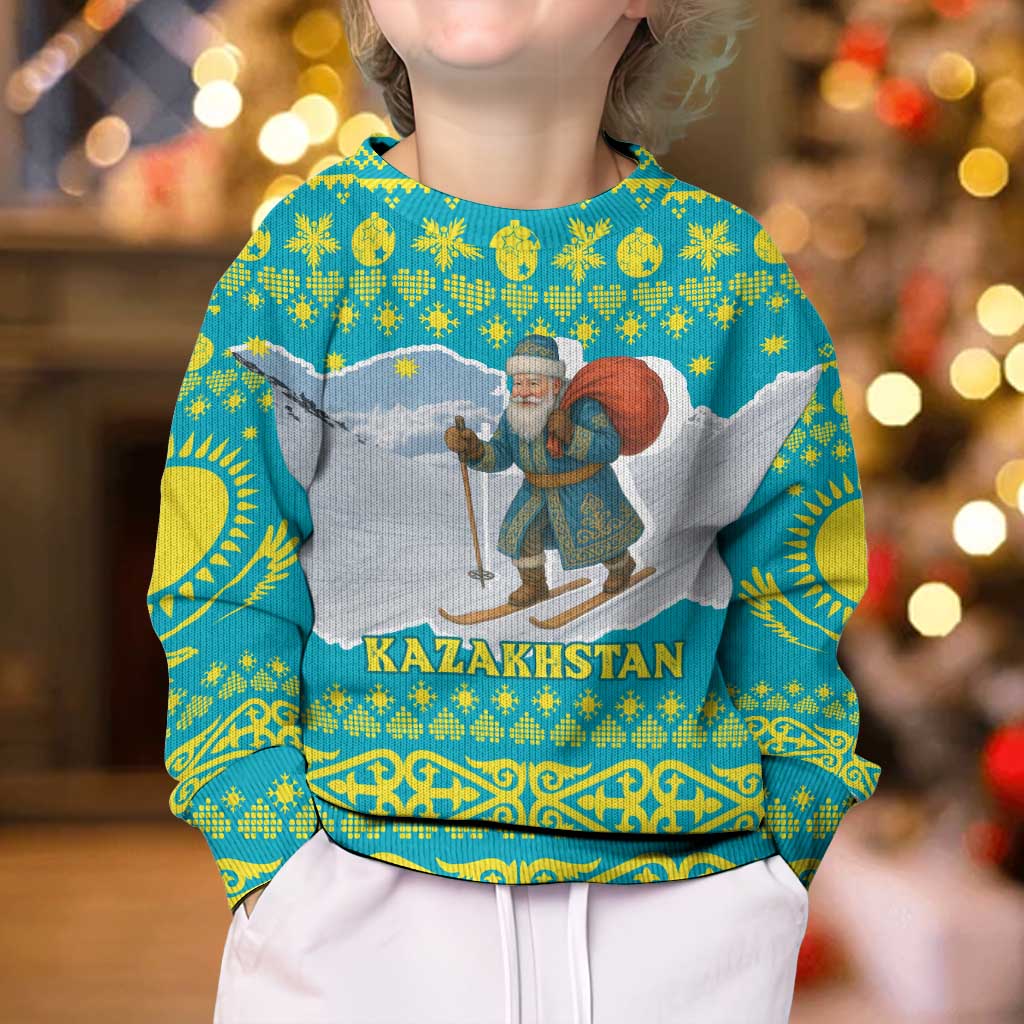 Kazakhstan Christmas Kid Ugly Christmas Sweater with Santa Skiing in Traditional Outfit Snow Mountain and Sun Pattern - Wonder Print Shop