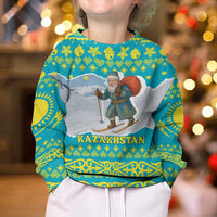 Kazakhstan Christmas Kid Ugly Christmas Sweater with Santa Skiing in Traditional Outfit Snow Mountain and Sun Pattern - Wonder Print Shop