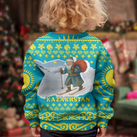 Kazakhstan Christmas Kid Ugly Christmas Sweater with Santa Skiing in Traditional Outfit Snow Mountain and Sun Pattern - Wonder Print Shop