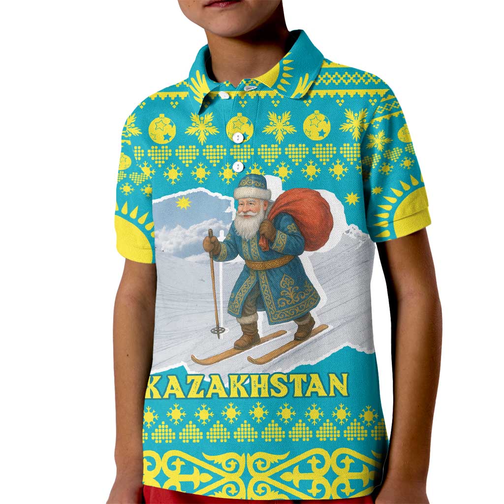 Kazakhstan Christmas Kid Polo Shirt with Santa Skiing in Traditional Outfit Snow Mountain and Sun Pattern - Wonder Print Shop