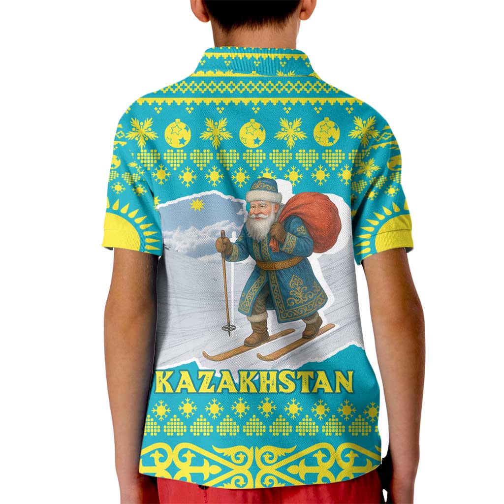 Kazakhstan Christmas Kid Polo Shirt with Santa Skiing in Traditional Outfit Snow Mountain and Sun Pattern - Wonder Print Shop