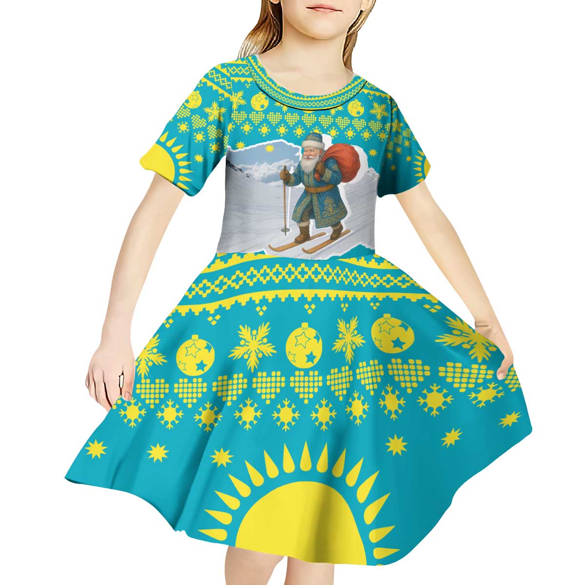 Kazakhstan Christmas Kid Short Sleeve Dress with Santa Skiing in Traditional Outfit Snow Mountain and Sun Pattern - Wonder Print Shop