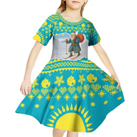 Kazakhstan Christmas Kid Short Sleeve Dress with Santa Skiing in Traditional Outfit Snow Mountain and Sun Pattern - Wonder Print Shop
