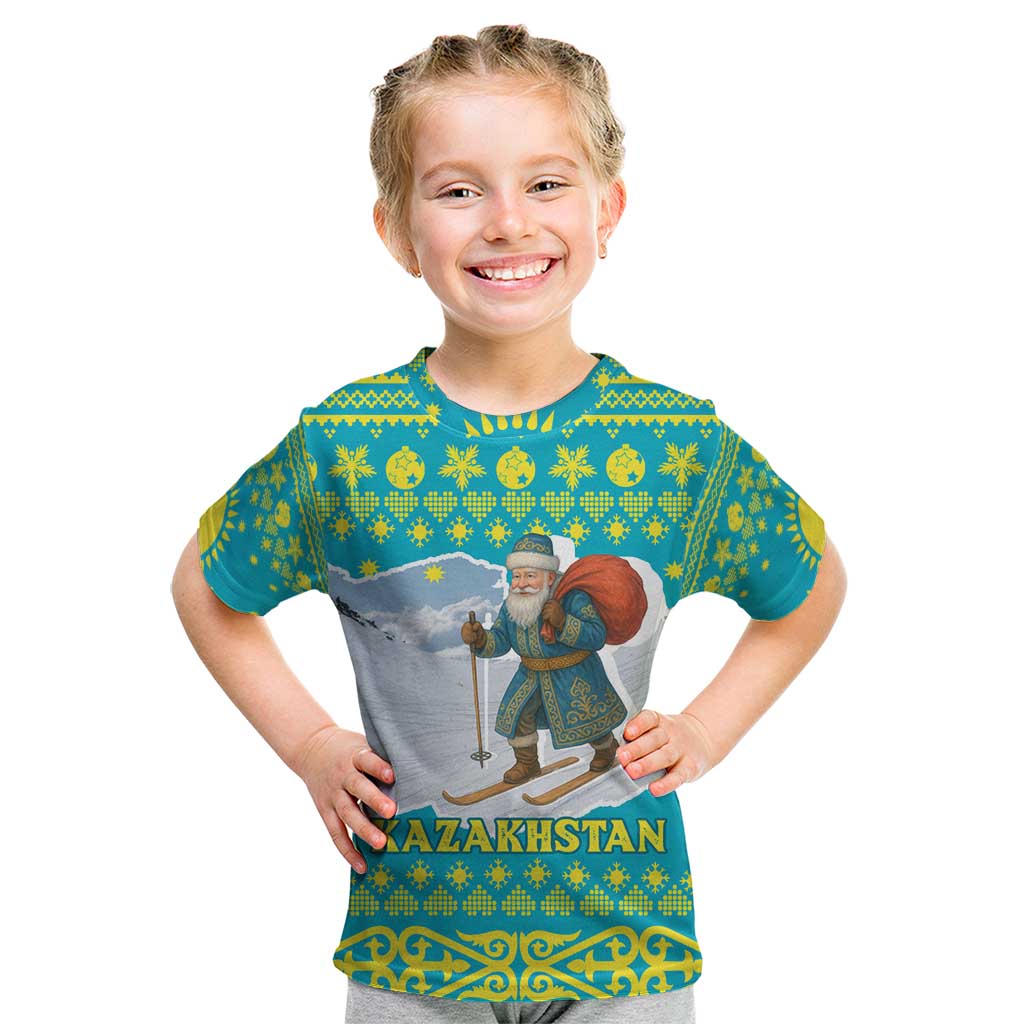Kazakhstan Christmas Kid T Shirt with Santa Skiing in Traditional Outfit Snow Mountain and Sun Pattern - Wonder Print Shop