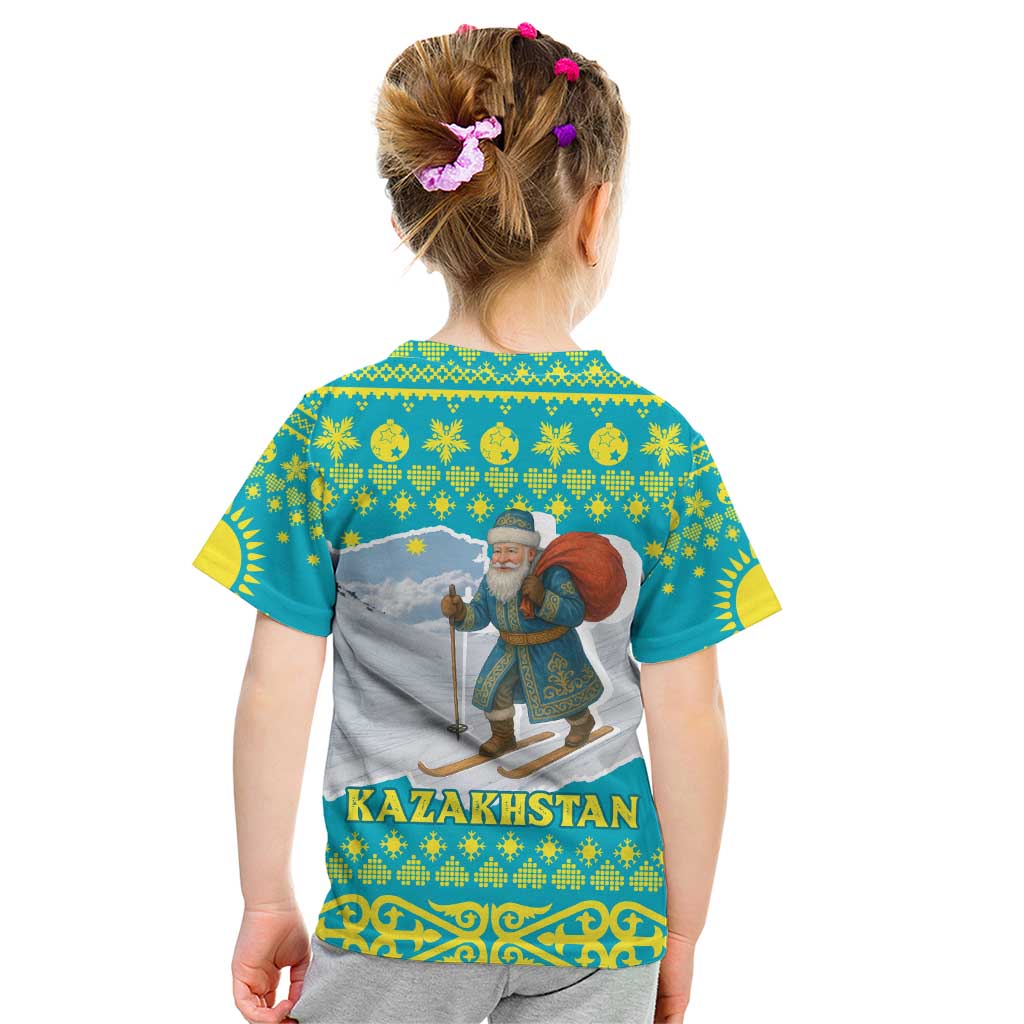 Kazakhstan Christmas Kid T Shirt with Santa Skiing in Traditional Outfit Snow Mountain and Sun Pattern - Wonder Print Shop
